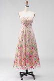 Tulle A-Line Blush Strapless Embroidered Floral Midi Dress