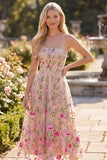 Tulle A-Line Blush Strapless Embroidered Floral Midi Dress