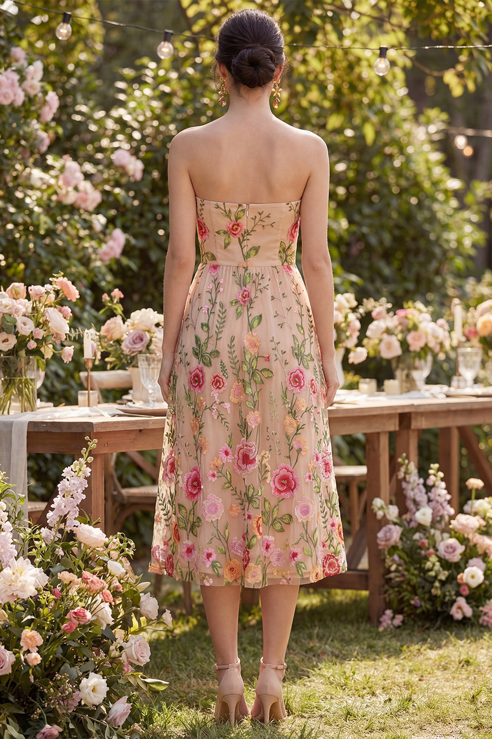 Zapaka Women A-Line Midi Dress Strapless Blush Tulle Embroidered Floral Wedding Guest Dress, Blush / US4 Zapaka Women A-Line Midi Dress Strapless Blush Tulle Embroidered Floral Wedding Guest Dress, Blush / US4