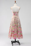 Tulle A-Line Blush Strapless Embroidered Floral Midi Dress