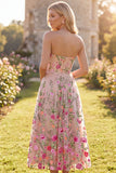 Tulle A-Line Blush Strapless Embroidered Floral Midi Dress
