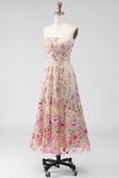 Tulle A-Line Blush Strapless Embroidered Floral Midi Dress