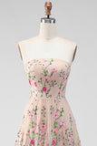 Tulle A-Line Blush Strapless Embroidered Floral Midi Dress