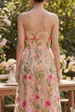 Tulle A-Line Blush Strapless Embroidered Floral Midi Dress