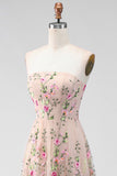 Tulle A-Line Blush Strapless Embroidered Floral Midi Dress