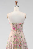 Tulle A-Line Blush Strapless Embroidered Floral Midi Dress