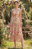 Tulle One Shoulder A-Line Blush Embroidered Floral Midi Dress