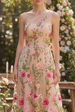 Tulle One Shoulder A-Line Blush Embroidered Floral Midi Dress