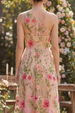 Tulle One Shoulder A-Line Blush Embroidered Floral Midi Dress