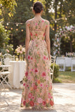 Tulle A-Line Bateau Neck Blush Embroidered Long Floral Dress