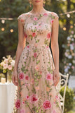 Tulle A-Line Bateau Neck Blush Embroidered Long Floral Dress
