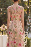 Tulle A-Line Bateau Neck Blush Embroidered Long Floral Dress