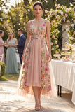 A-Line Tulle V-Neck Blush Embroidered Midi Floral Dress