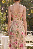 Tulle V-Neck Blush A-Line Embroidered Long Floral Dress