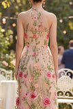 Blush A-Line Embroidered Tulle Halter Neck Long Floral Dress