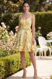 Yellow Ruched A Line Ruffled Floral Butter Midi Dress with Bow