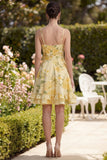 Yellow Ruched A Line Ruffled Floral Butter Midi Dress with Bow