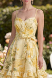 Yellow Ruched A Line Ruffled Floral Butter Midi Dress with Bow