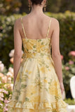 Yellow Ruched A Line Ruffled Floral Butter Midi Dress with Bow