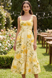 Floral Yellow Butter Square Neck A Line Midi Dress