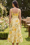 Floral Yellow Butter Square Neck A Line Midi Dress