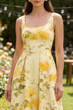 Floral Yellow Butter Square Neck A Line Midi Dress
