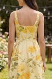 Floral Yellow Butter Square Neck A Line Midi Dress