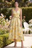 Yellow Floral Butter V-Neck Ruched A Line Midi Dress with Bow