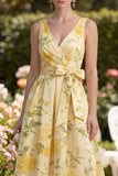 Yellow Floral Butter V-Neck Ruched A Line Midi Dress with Bow
