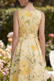 Yellow Floral Butter V-Neck Ruched A Line Midi Dress with Bow