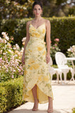 Yellow Ruched Butter Maxi Spaghetti Straps Sheath Floral Dress