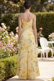 Yellow Ruched Butter Maxi Spaghetti Straps Sheath Floral Dress