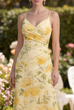 Yellow Ruched Butter Maxi Spaghetti Straps Sheath Floral Dress