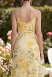 Yellow Ruched Butter Maxi Spaghetti Straps Sheath Floral Dress