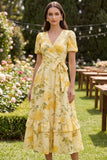 Yellow Ruffled Butter Puff Sleeves A Line Floral Midi Dress with Bow