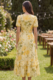 Yellow Ruffled Butter Puff Sleeves A Line Floral Midi Dress with Bow