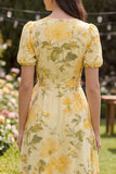 Yellow Ruffled Butter Puff Sleeves A Line Floral Midi Dress with Bow