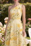 Butter Yellow One Shoulder Ruched Floral A Line Maxi Dress