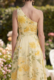Butter Yellow One Shoulder Ruched Floral A Line Maxi Dress
