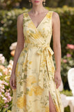 Butter Yellow V-Neck Ruched A Line Maxi Floral Dress with Slit