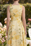 Butter Yellow V-Neck Ruched A Line Maxi Floral Dress with Slit