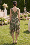 Dark Green Floral V-Neck Ruched A Line Asymmetrical Midi Dress with Ruffles