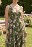 Dark Green Floral V-Neck Ruched A Line Asymmetrical Midi Dress with Ruffles