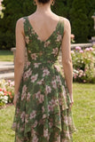 Dark Green Floral V-Neck Ruched A Line Asymmetrical Midi Dress with Ruffles
