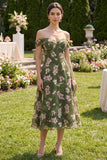 Floral Dark Green A Line Off the Shoulder Midi Dress