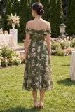 Floral Dark Green A Line Off the Shoulder Midi Dress