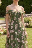 Floral Dark Green A Line Off the Shoulder Midi Dress