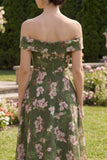 Floral Dark Green A Line Off the Shoulder Midi Dress