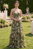 Dark Green Floral A Line Spaghetti Straps Maxi Dress with Ruffles