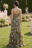 Dark Green Floral A Line Spaghetti Straps Maxi Dress with Ruffles